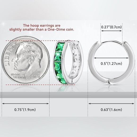 14K White Gold with Emerald Green Cubic Zirconia Princess Cut Huggie Earrings - Picture 3 of 5